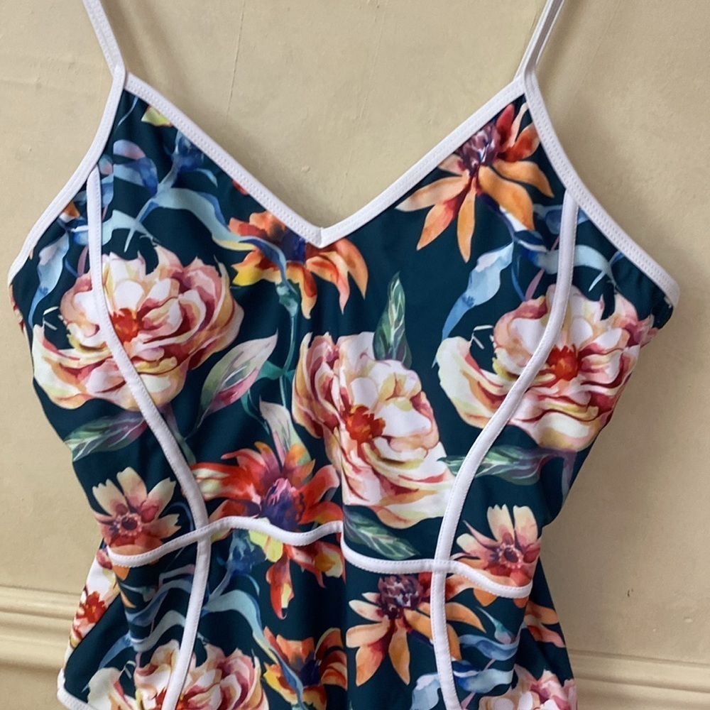 Floral Navy One-Piece Swimsuit with White Trim - Picture 2 of 5